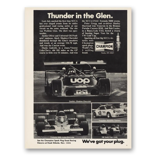 1974 Champion Spark Plugs Thunder In the Glen Vintage Magazine Print Ad