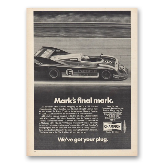 1974 Champion Spark Plugs Marks Final Mark Vintage Magazine Print Ad