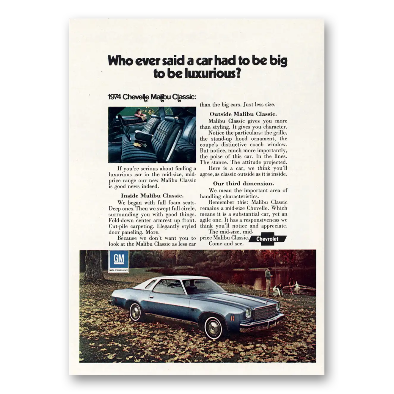 1974 Chevrolet Malibu Who Ever Said a Car Had to Be Big Vintage Magazine Print Ad