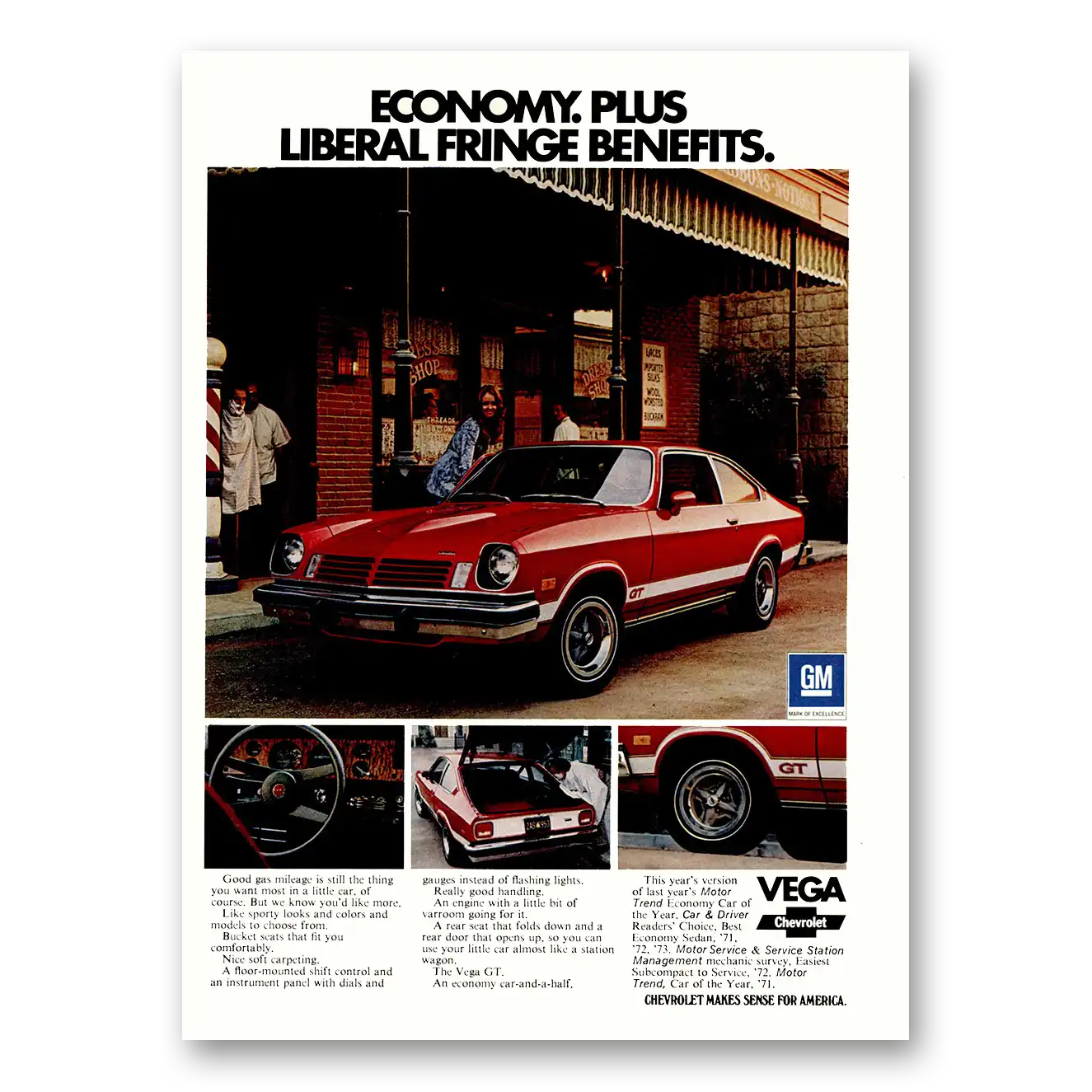 1974 Chevrolet Vega Liberal Fringe Benefits Vintage Magazine Print Ad