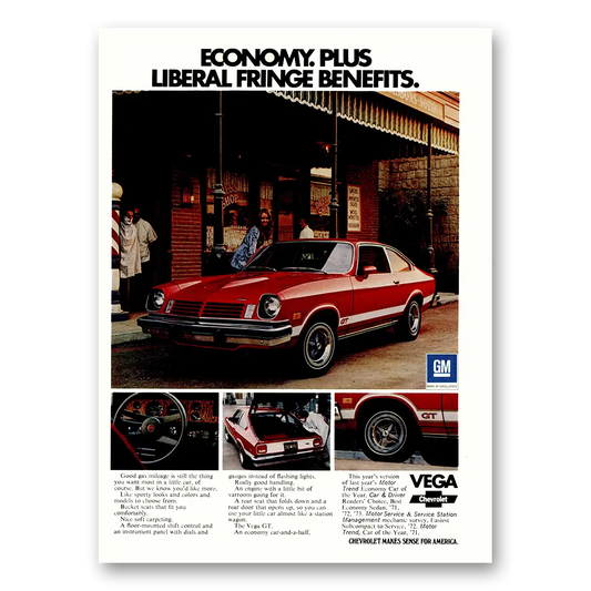 1974 Chevrolet Vega Liberal Fringe Benefits Vintage Magazine Print Ad