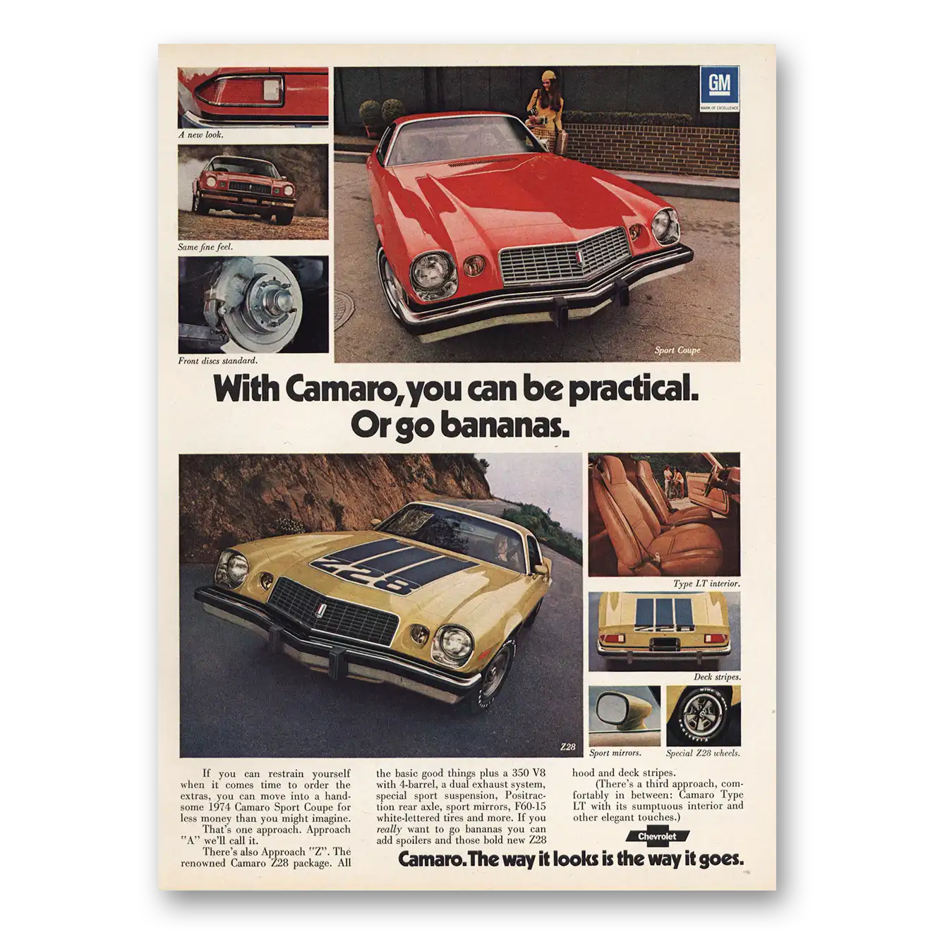 1974 Chevrolet Camaro Can Be Practical Or Go Bananas Vintage Magazine Print Ad