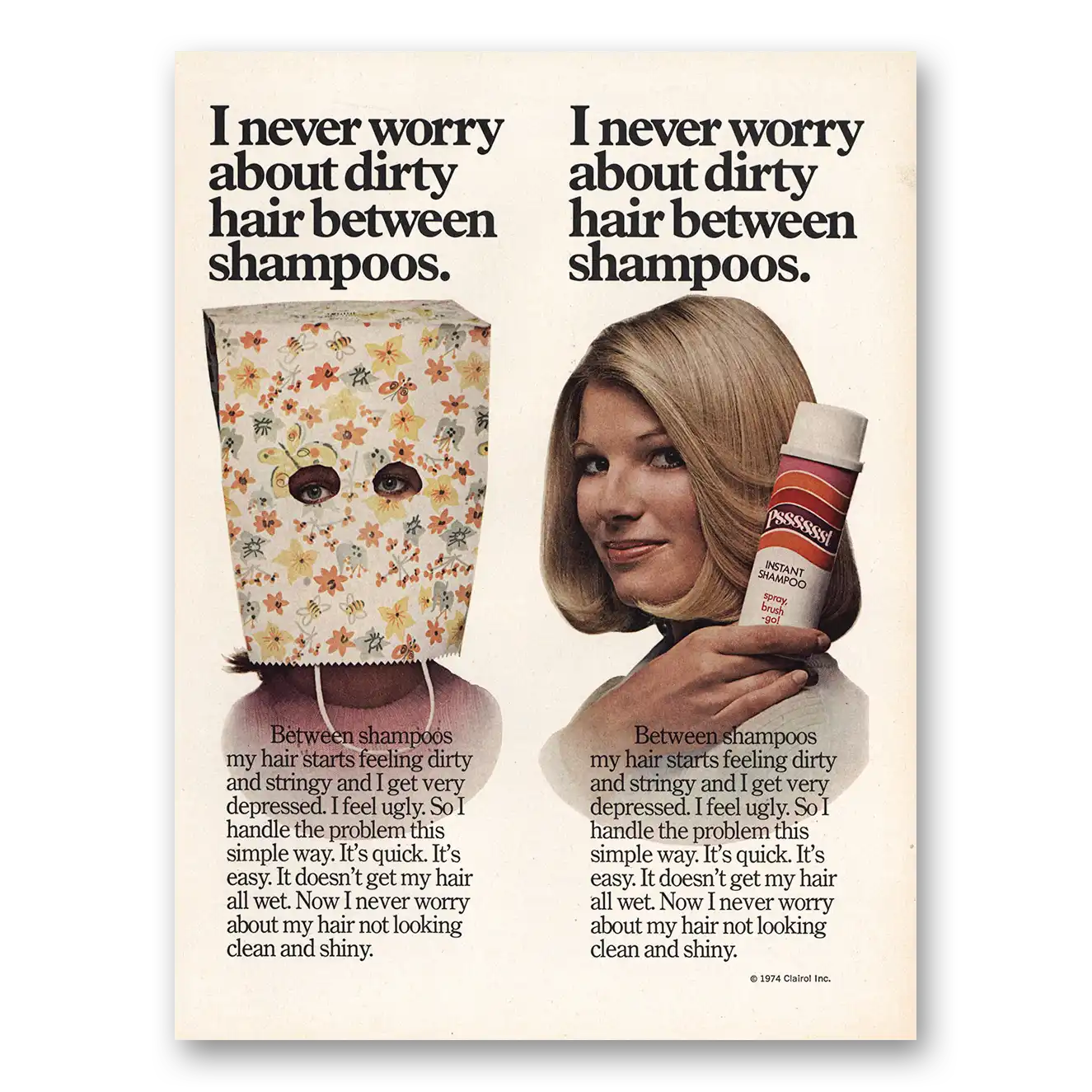 1974 Clairol Instant Shampoo Dirty Hair Between Shampoos Vintage Magazine Print Ad