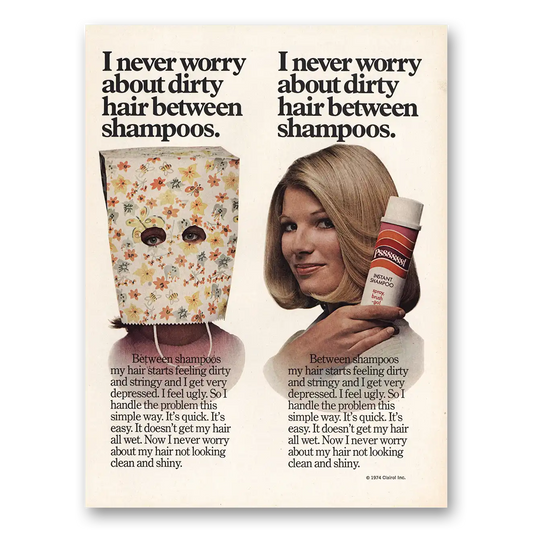 1974 Clairol Instant Shampoo Dirty Hair Between Shampoos Vintage Magazine Print Ad