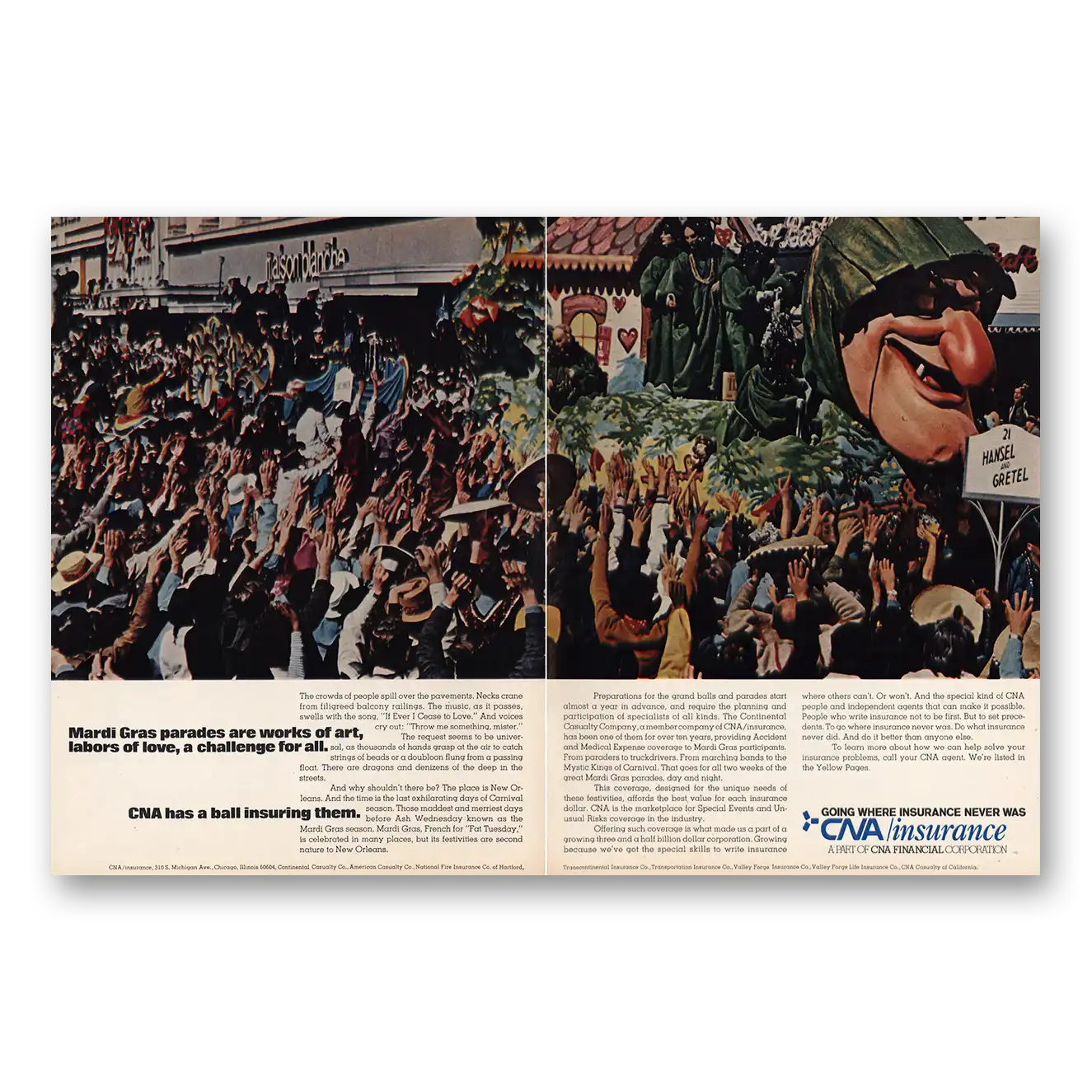 1974 CNA Insurance Mardi Gras Parades Works of Art Vintage Magazine Print Ad