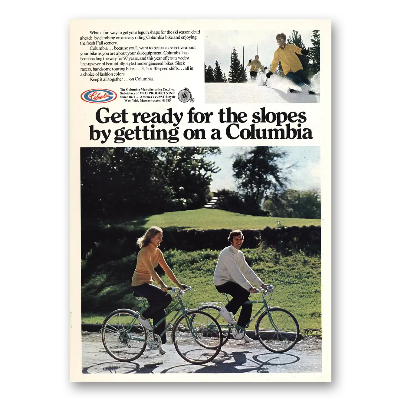 1974 Columbia Bicycles Get Ready for the Slopes Vintage Magazine Print Ad