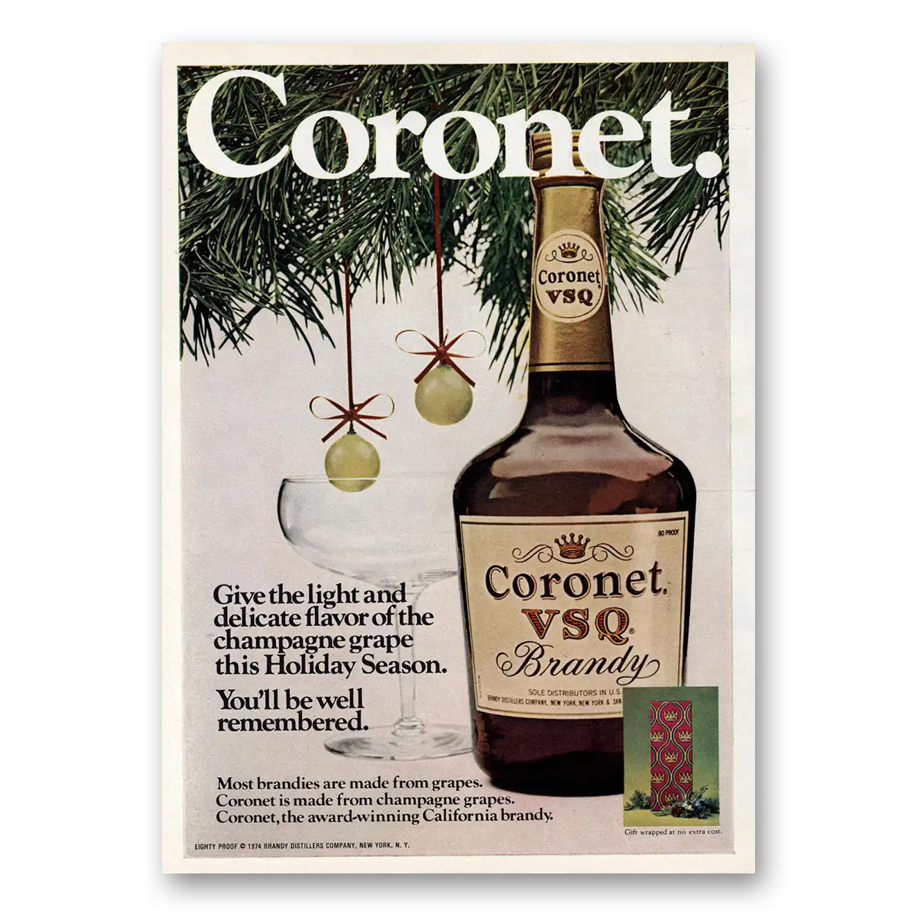 1974 Coronet Brandy VSQ Holiday Season Vintage Magazine Print Ad