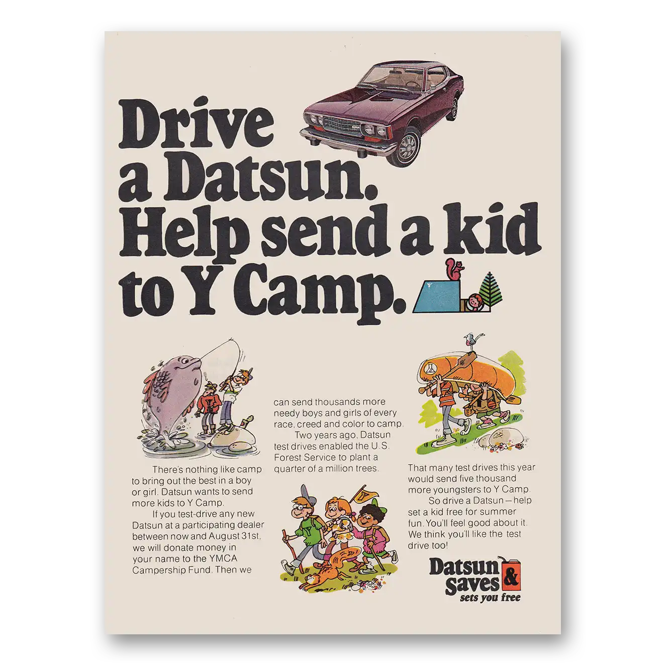 1974 Datsun Help Send a Kid to Y Camp Vintage Magazine Print Ad