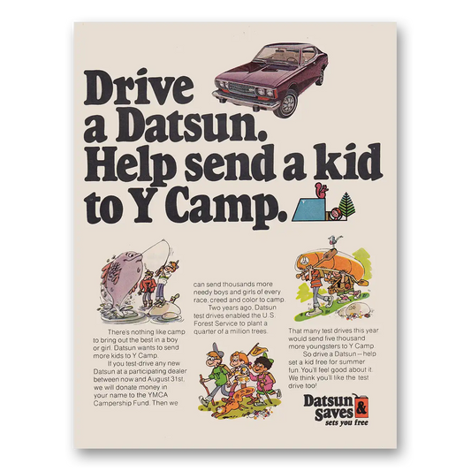 1974 Datsun Help Send a Kid to Y Camp Vintage Magazine Print Ad