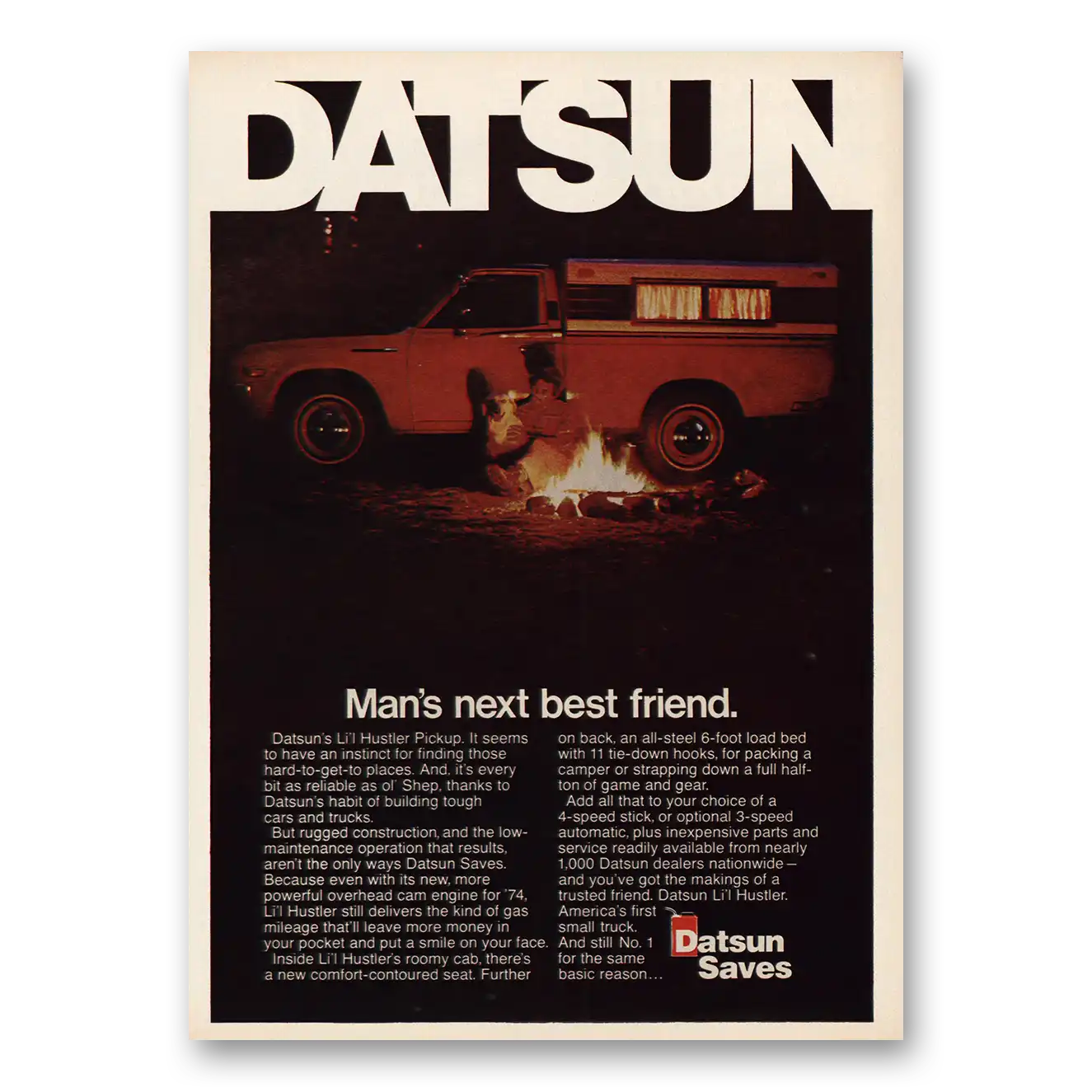 1974 Datsun Trucks Lil Hustler Pickup Mans Next Best Friend Vintage Magazine Print Ad