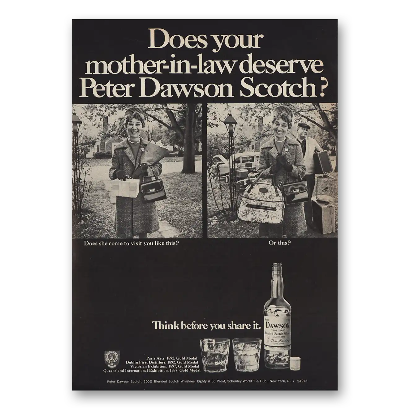 1974 Peter Dawson Scotch Mother In Law Deserve Vintage Magazine Print Ad