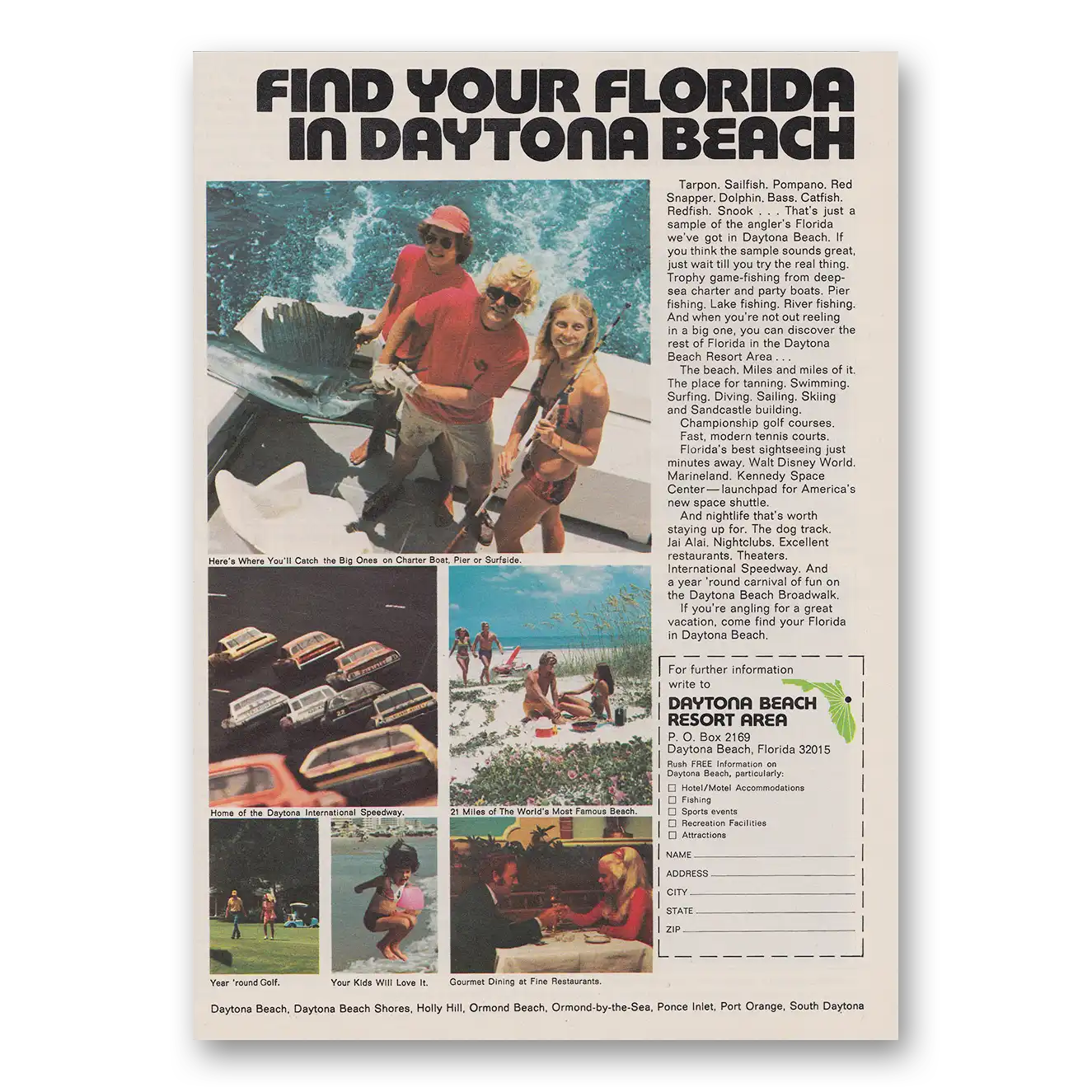 1974 Daytona Beach Florida Find Your Florida Vintage Magazine Print Ad