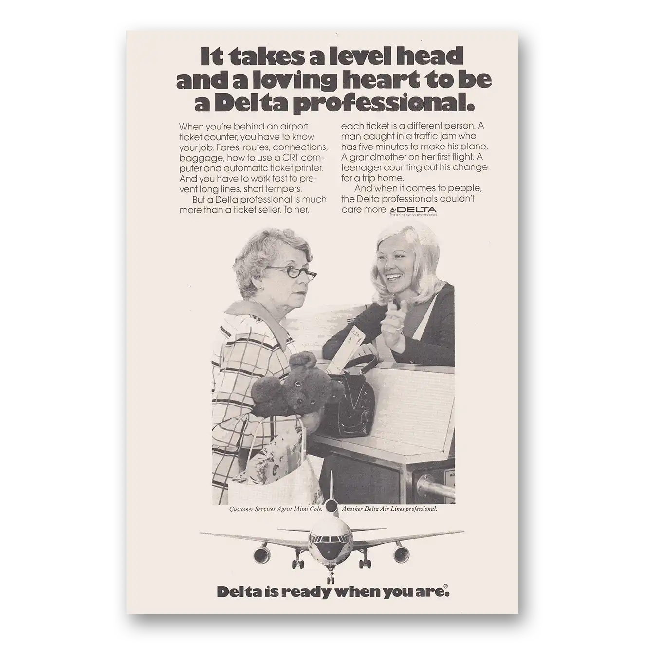 1974 Delta Air Lines Level Head and Loving Heart Mimi Cole Vintage Magazine Print Ad