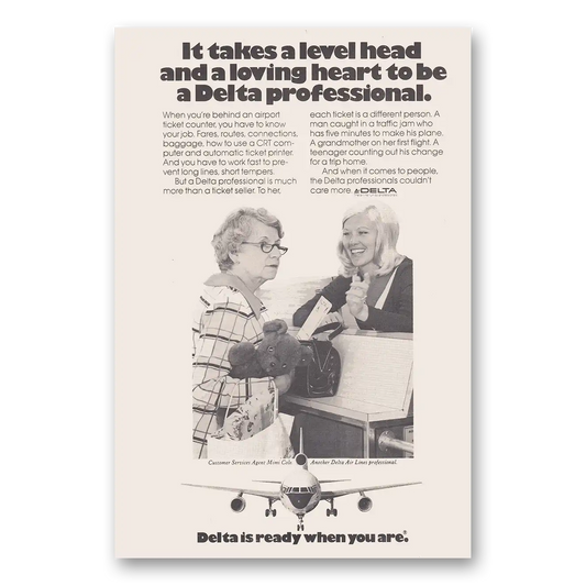 1974 Delta Air Lines Level Head and Loving Heart Mimi Cole Vintage Magazine Print Ad