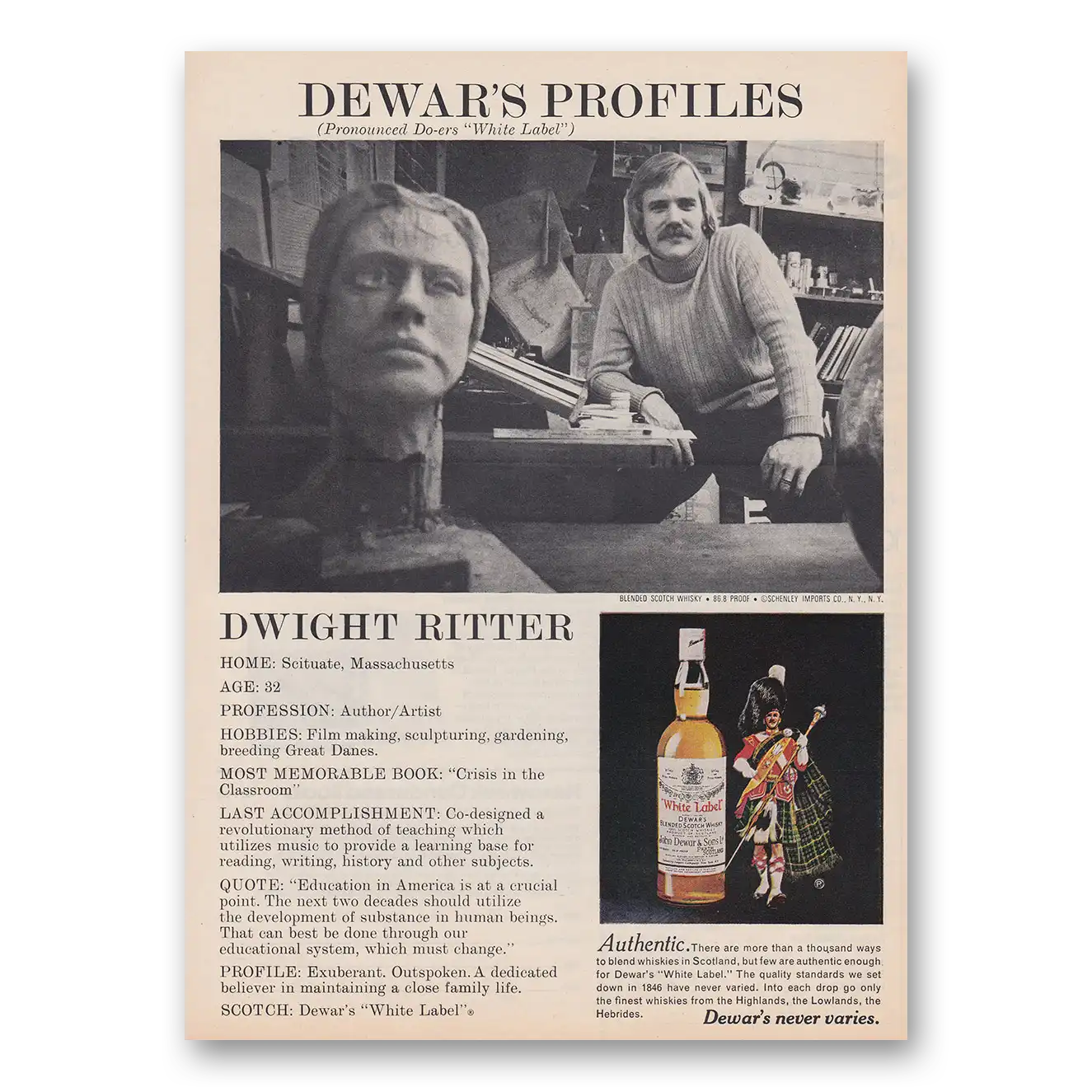 1974 Dewars White Label Dwight Ritter Vintage Magazine Print Ad