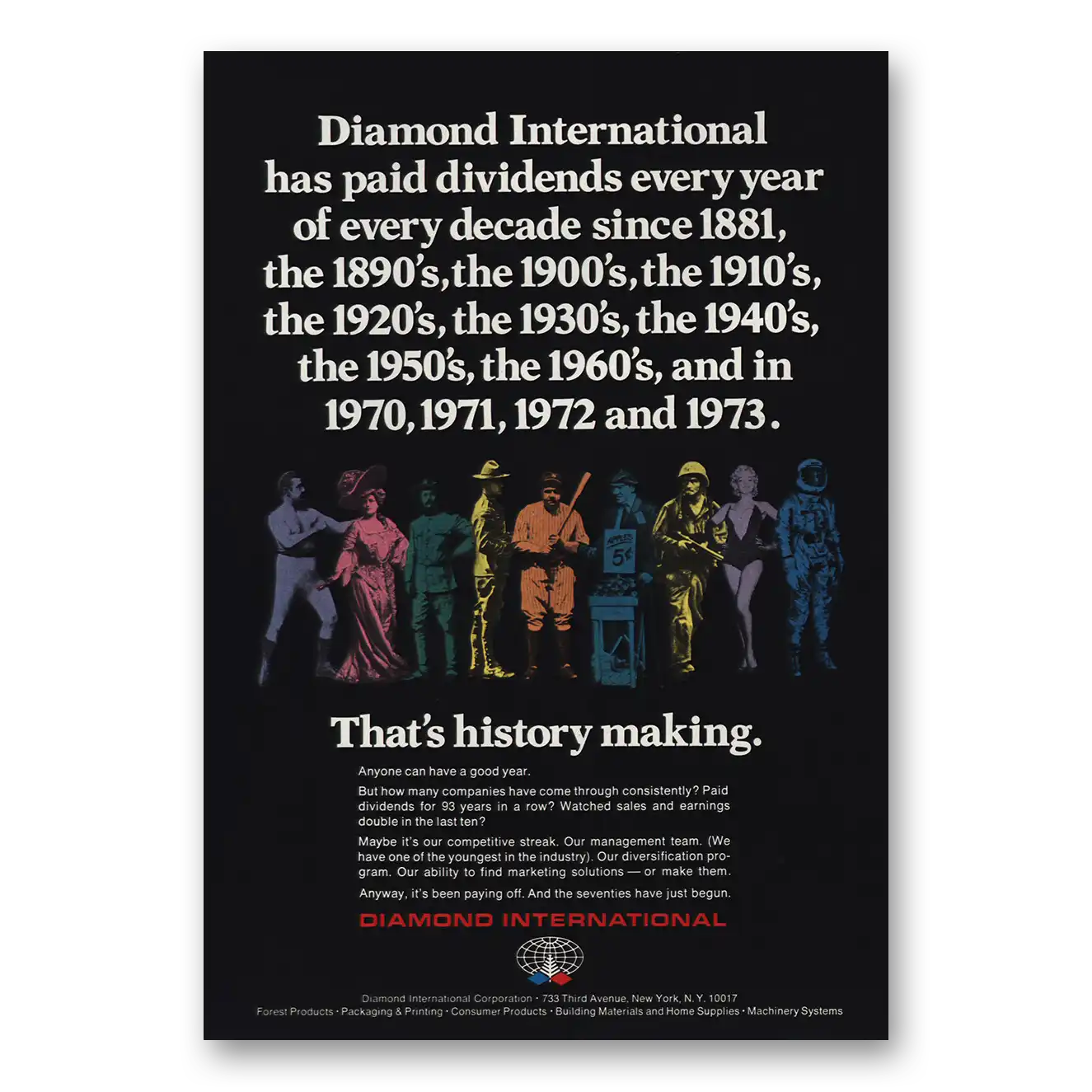 1974 Diamond International Paid Dividends Every Year Vintage Magazine Print Ad