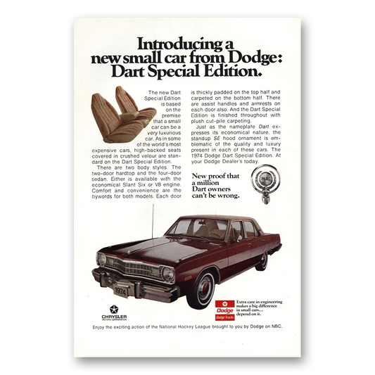 1974 Dodge Dart Small Car Special Edition Vintage Magazine Print Ad