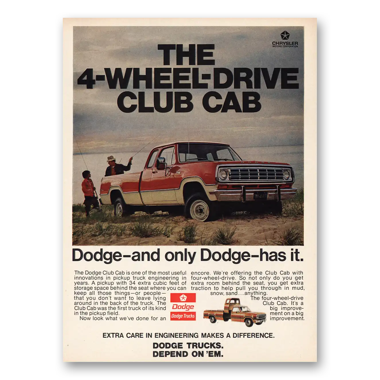 1974 Dodge Club Cab Dodge and Only Dodge Has It Vintage Magazine Print Ad