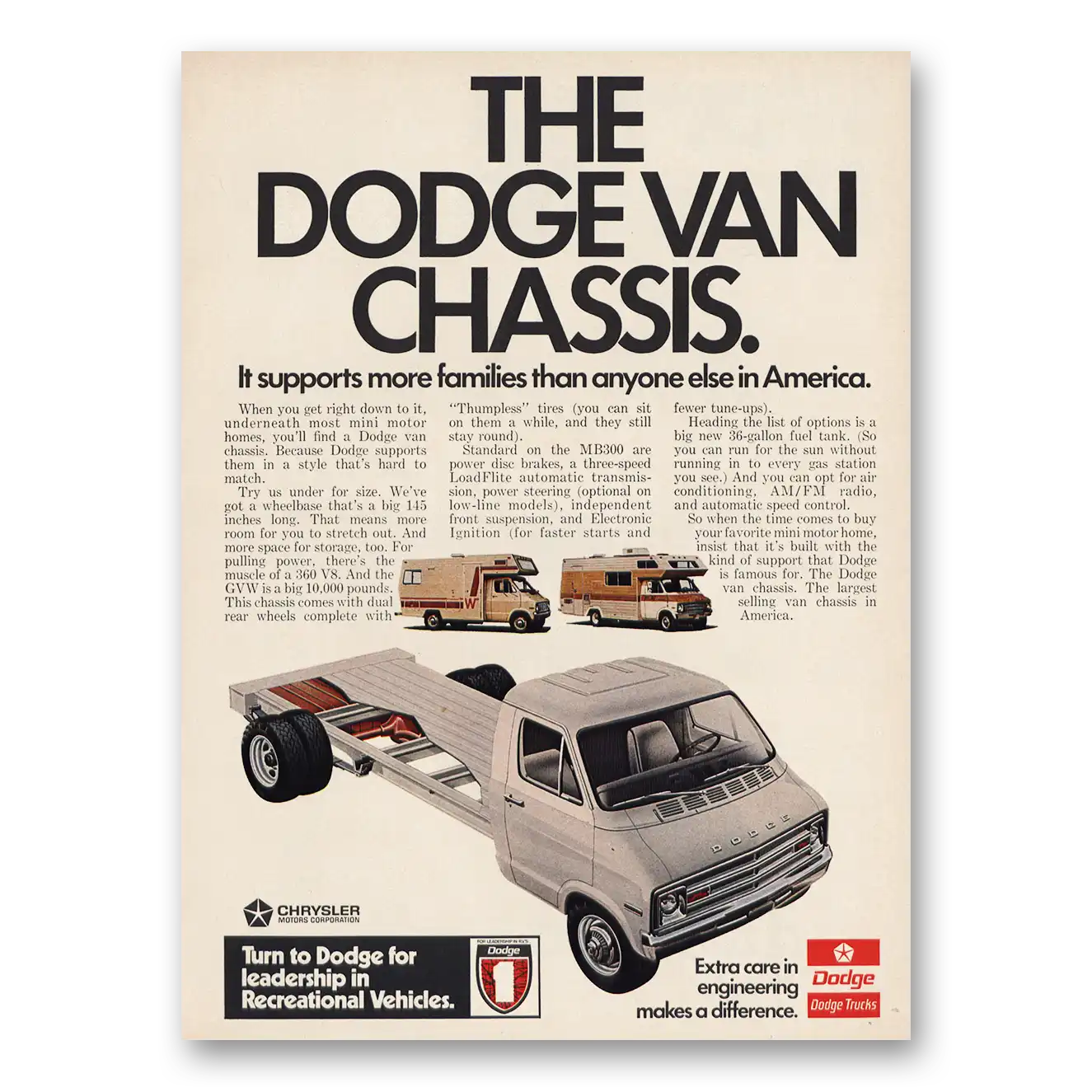 1974 Dodge Vans Chassis Supports More Families Vintage Magazine Print Ad