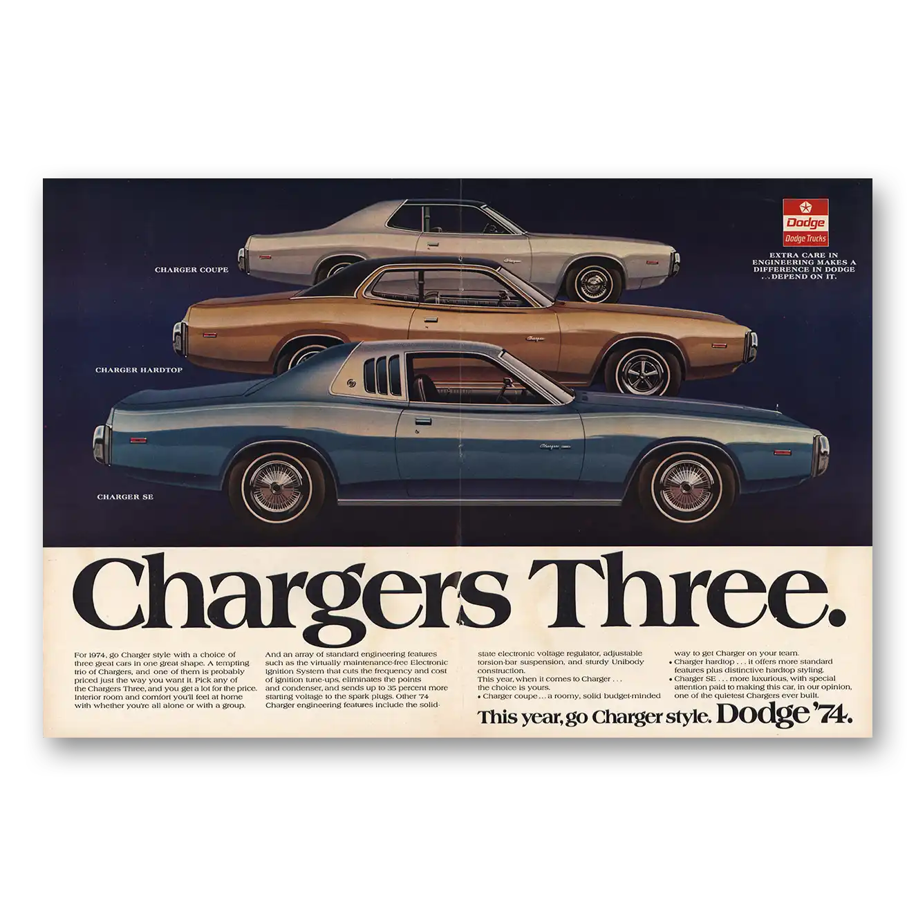 1974 Dodge Charger Chargers Three Vintage Magazine Print Ad