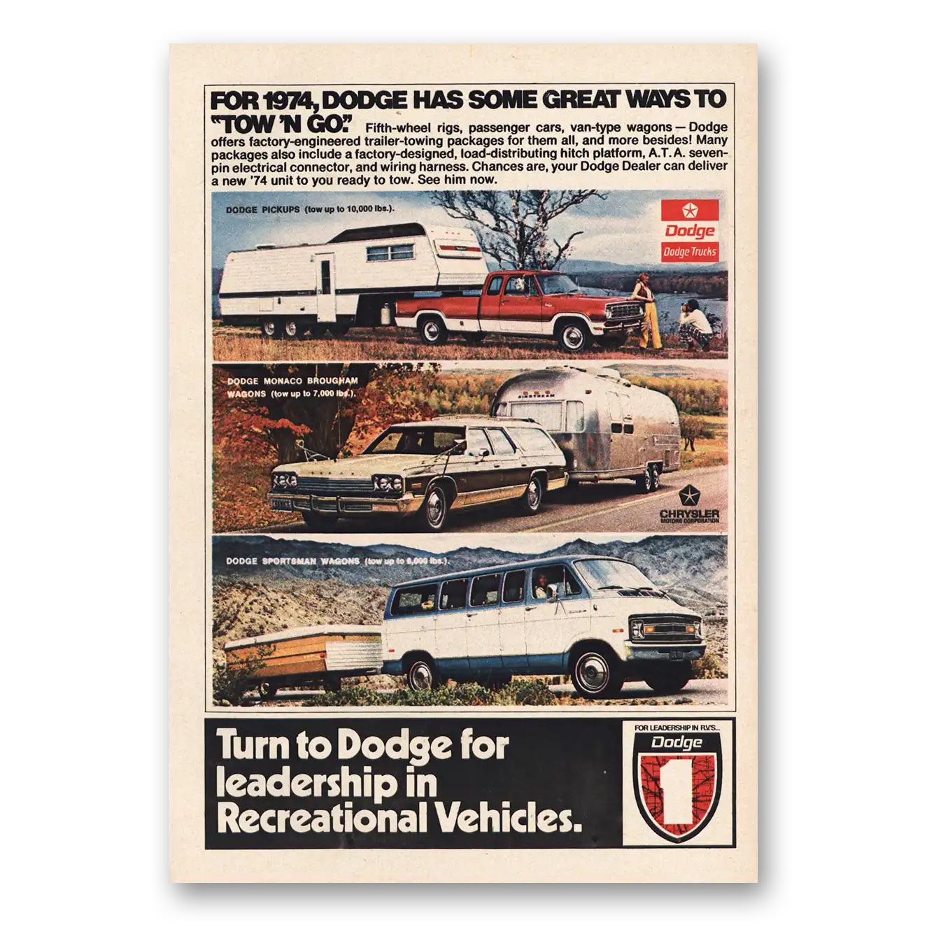 1974 Dodge Tow n Go Vintage Magazine Print Ad