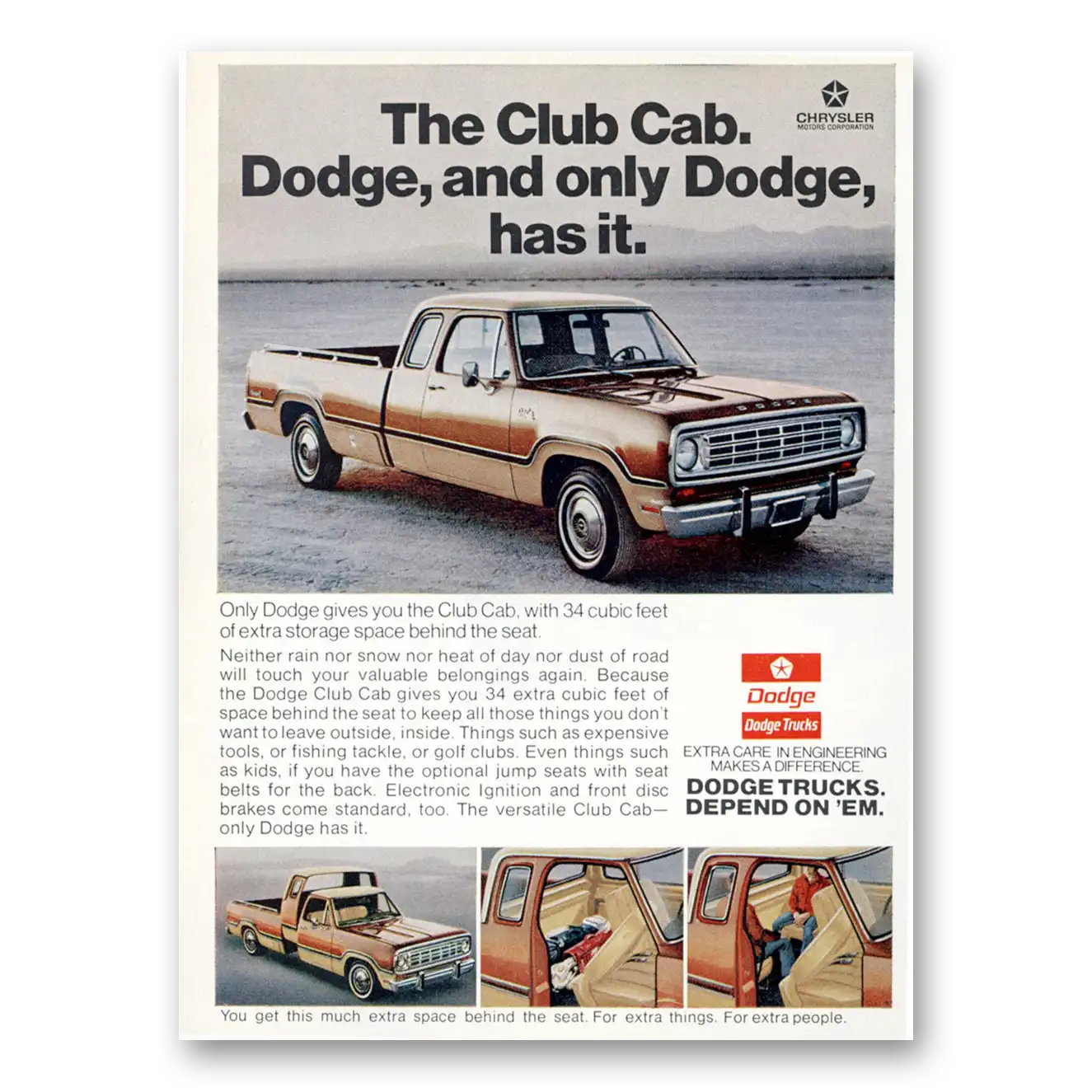 1973 Dodge Club Cab Only Dodge Has It Vintage Magazine Print Ad