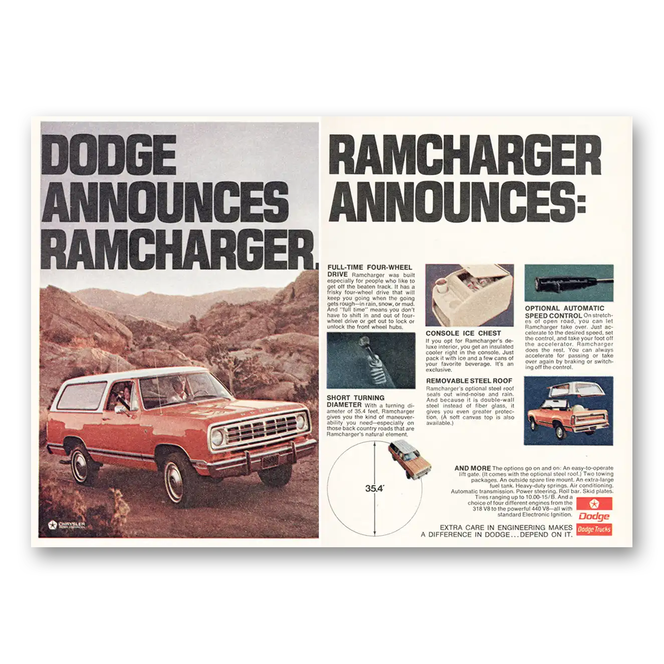 1974 Dodge Ramcharger Full Time Four Wheel Drive Vintage Magazine Print Ad