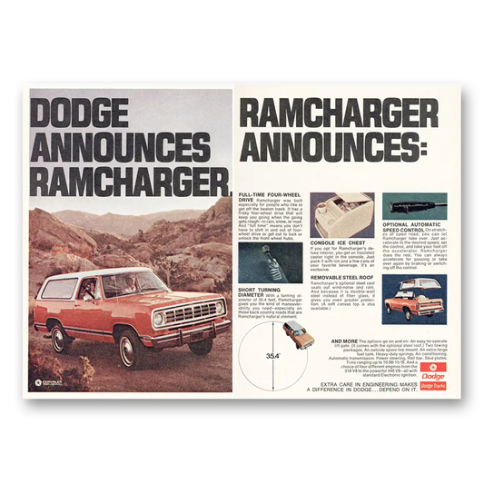 1974 Dodge Ramcharger Full Time Four Wheel Drive Vintage Magazine Print Ad