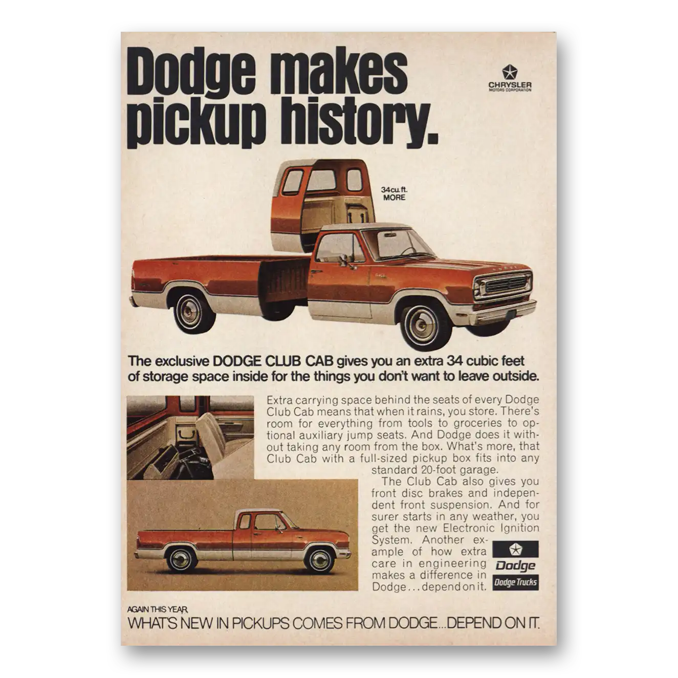 1973 Dodge Club Cab Makes Pickup History Vintage Magazine Print Ad