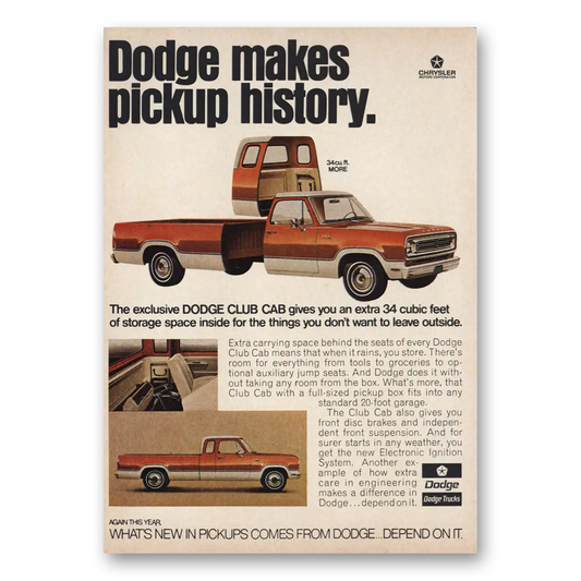 1973 Dodge Club Cab Makes Pickup History Vintage Magazine Print Ad