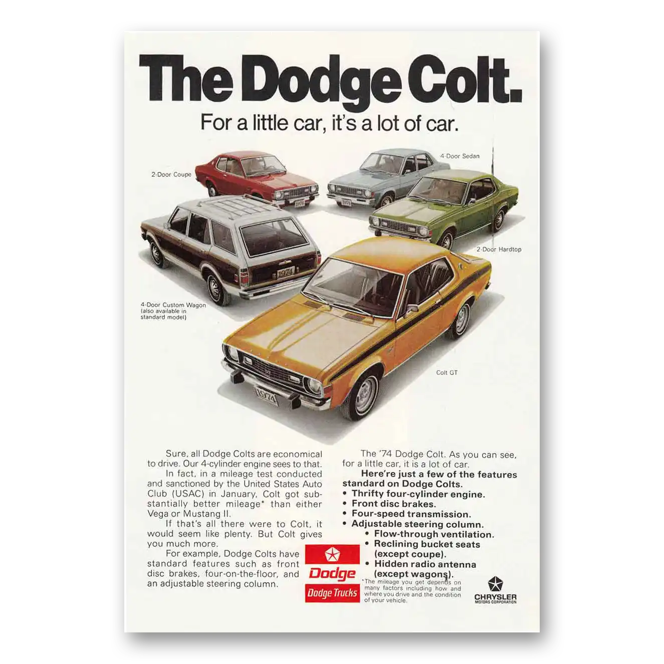 1974 Dodge Colt Little Car Lot of Car Vintage Magazine Print Ad