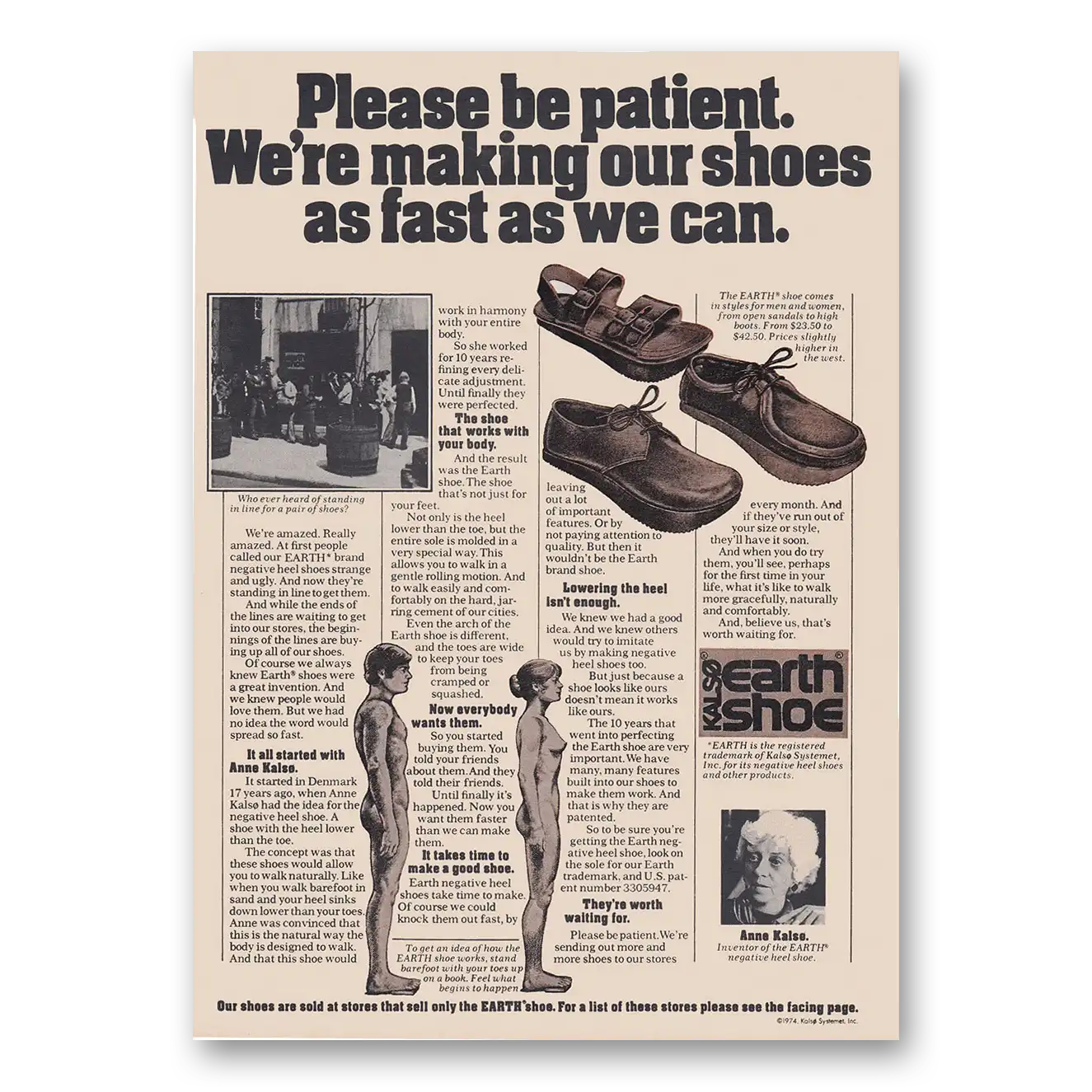 1974 Earth Shoes Please Be Patient Vintage Magazine Print Ad