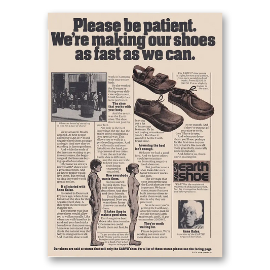 1974 Earth Shoes Please Be Patient Vintage Magazine Print Ad