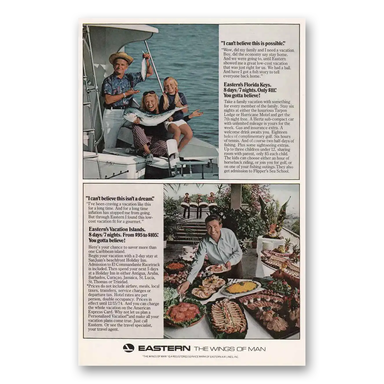 1974 Eastern Airlines Florida Keys Vintage Magazine Print Ad