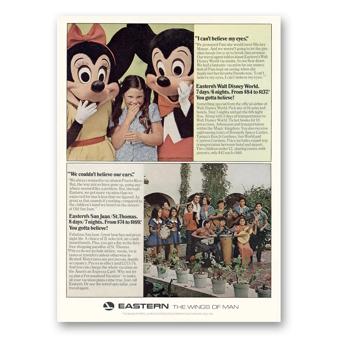 1974 Eastern Airlines Disney World San Juan Vintage Magazine Print Ad