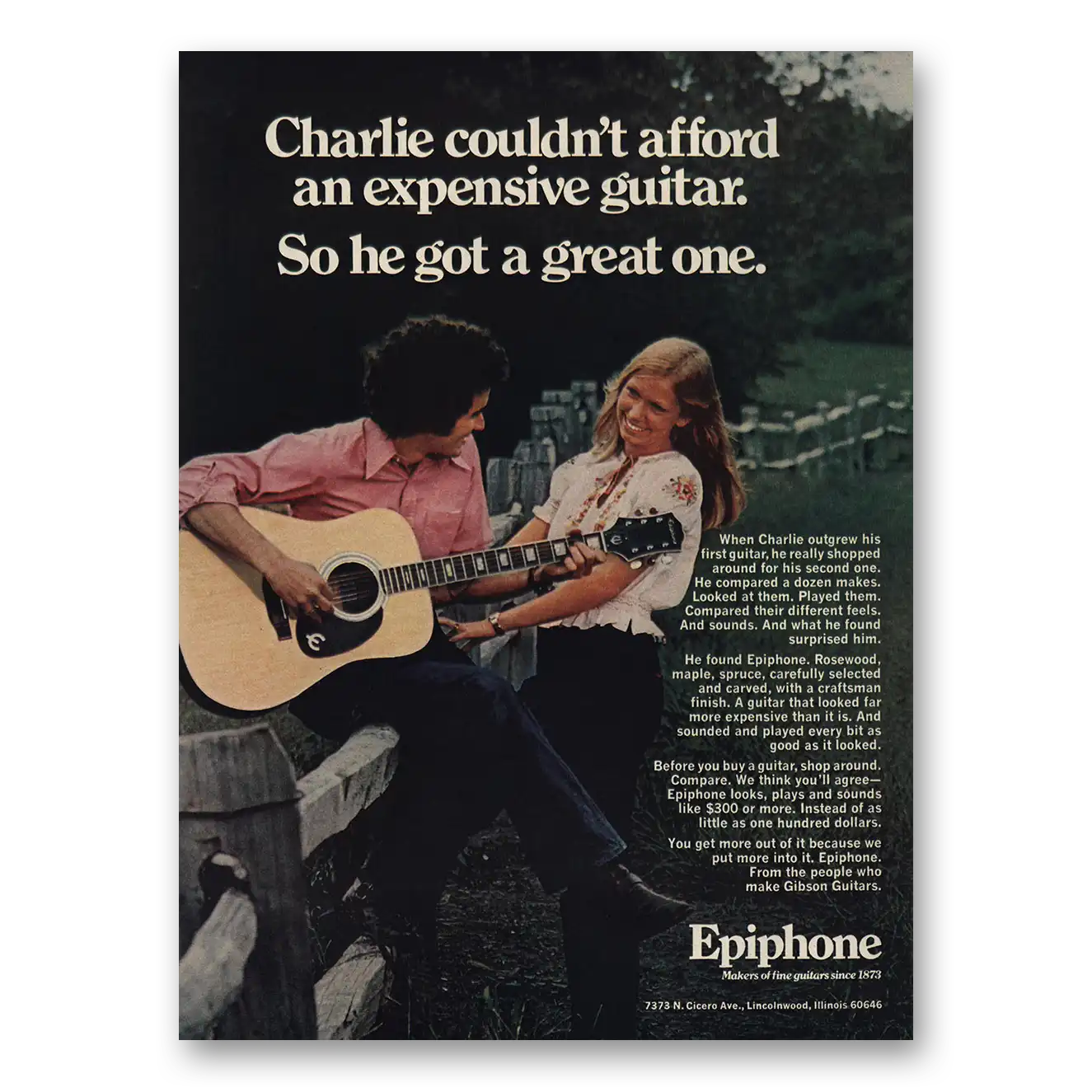 1974 Epiphone Guitars Charlie Couldn’t Afford Vintage Magazine Print Ad