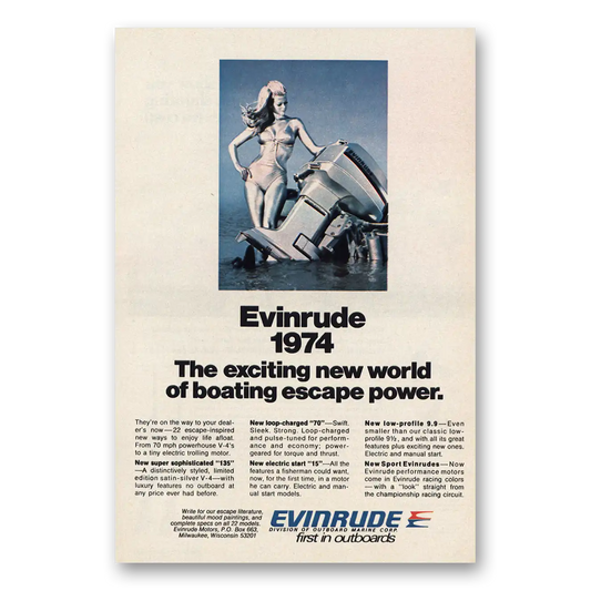 1974 Evinrude Boating Escape Power Vintage Magazine Print Ad