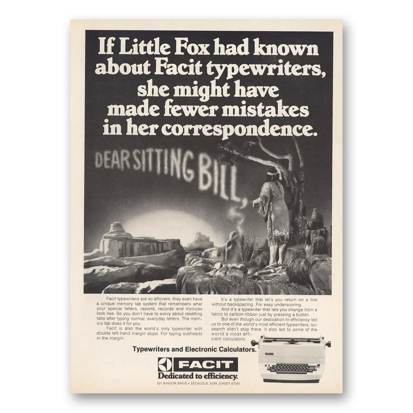 1974 Facit Typewriter Dear Sitting Bull Vintage Magazine Print Ad