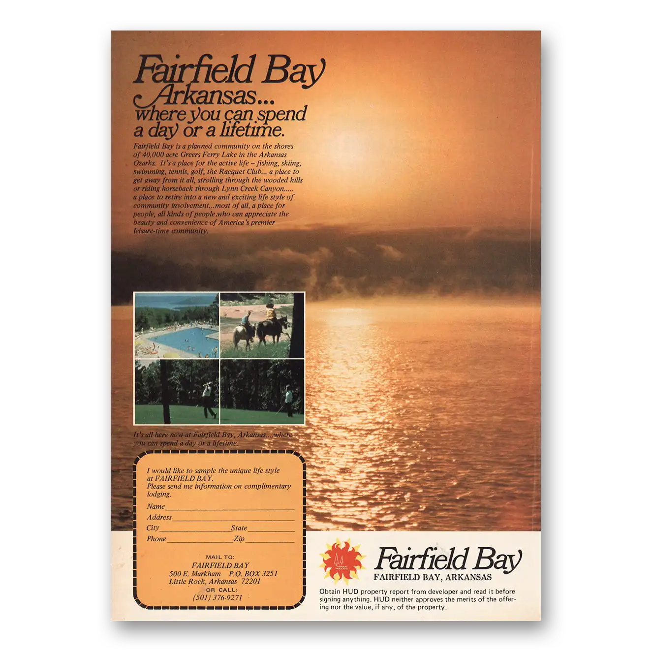 1974 Fairfield Bay Arkansas Spend Day or Lifetime Vintage Magazine Print Ad