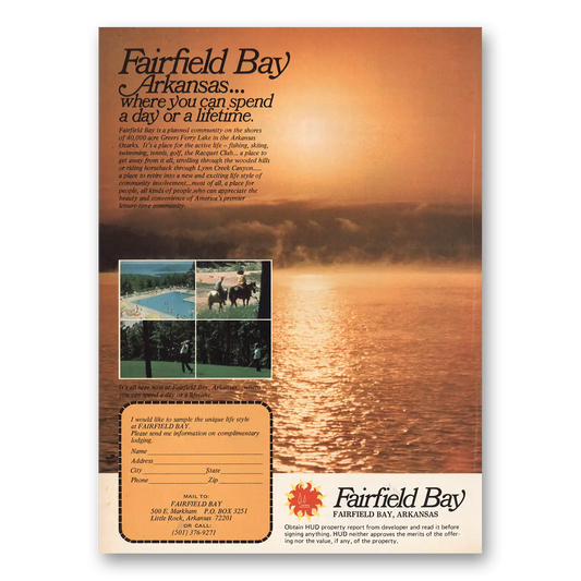 1974 Fairfield Bay Arkansas Spend Day or Lifetime Vintage Magazine Print Ad