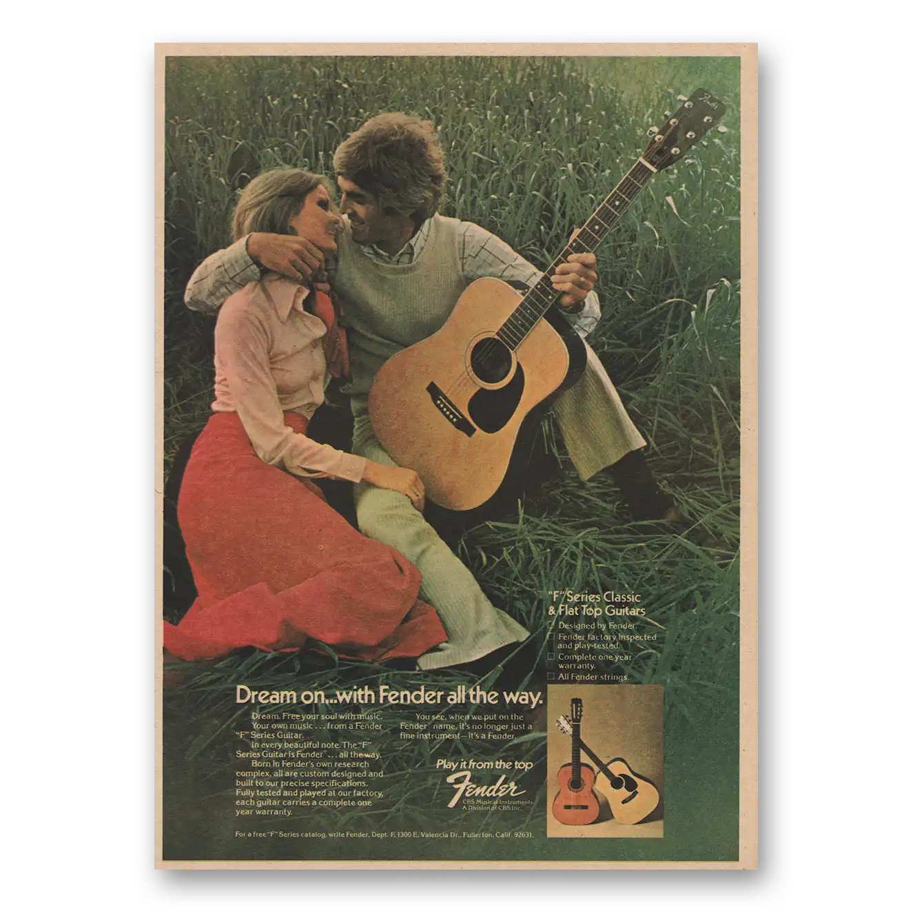 1974 Fender Guitar Dream On Classic and Flat Top Vintage Magazine Print Ad