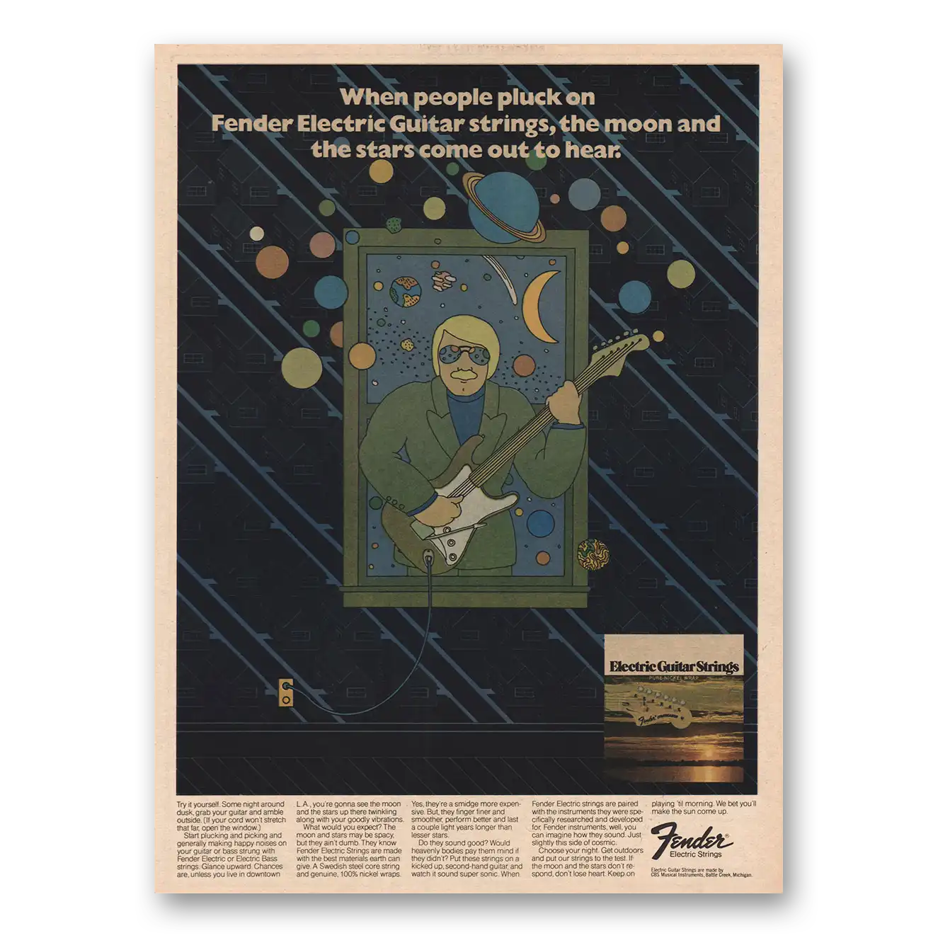 1974 Fender Guitar Moon and Stars Come Out to Hear Vintage Magazine Print Ad