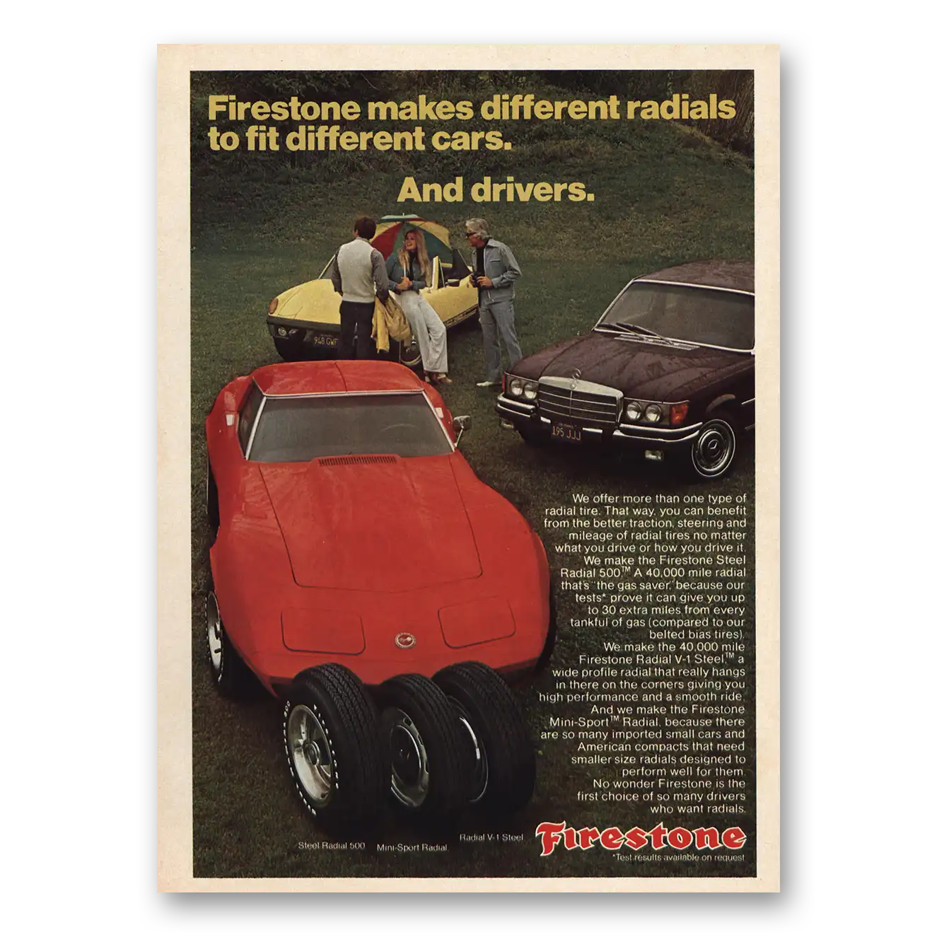 1974 Firestone Tires Different Radials Fit Different Cars Vintage Magazine Print Ad