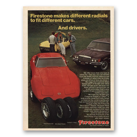 1974 Firestone Tires Different Radials Fit Different Cars Vintage Magazine Print Ad