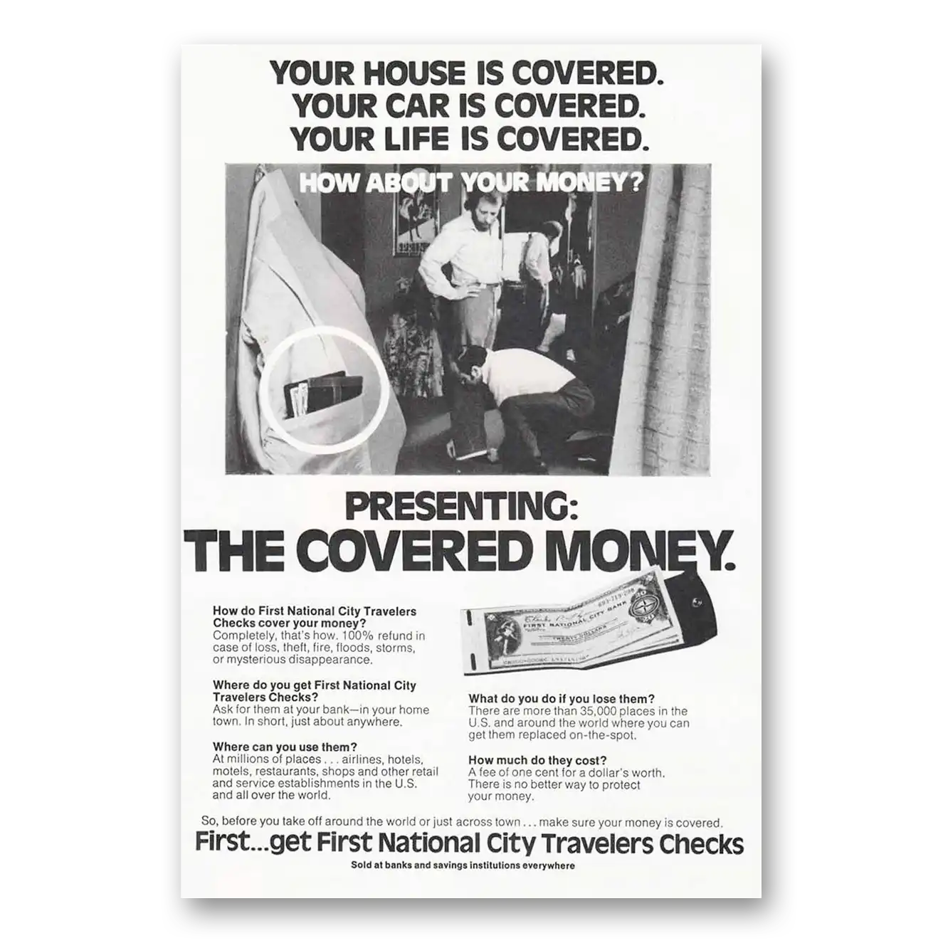 1974 First National City Bank Travelers Checks Tailor Vintage Magazine Print Ad