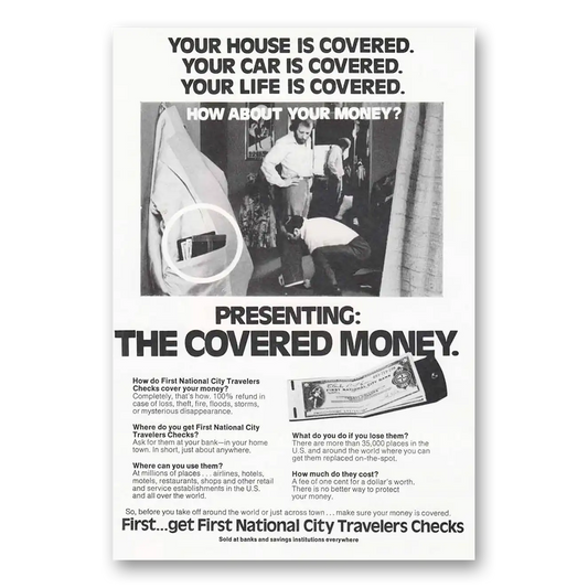 1974 First National City Bank Travelers Checks Tailor Vintage Magazine Print Ad