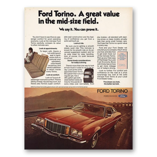 1974 Ford Torino Great Value Mid Size Field Vintage Magazine Print Ad