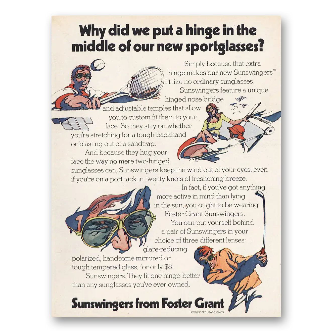 1974 Foster Grant Sunswingers Hinge In the Middle Vintage Magazine Print Ad