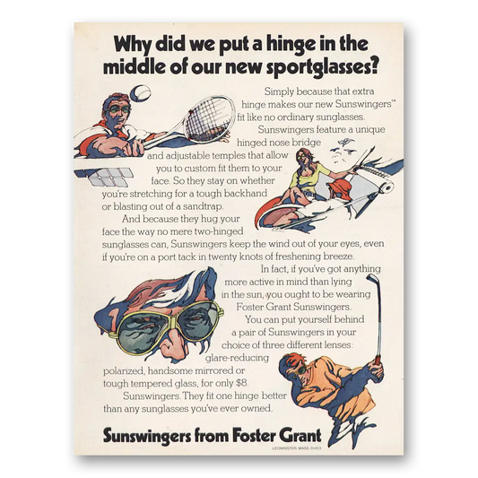 1974 Foster Grant Sunswingers Hinge In the Middle Vintage Magazine Print Ad