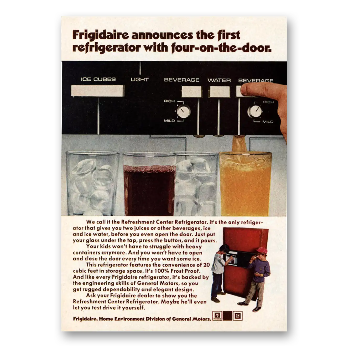 1974 Frigidaire Refrigerator First Refrigerator Four on the Door Vintage Magazine Print Ad